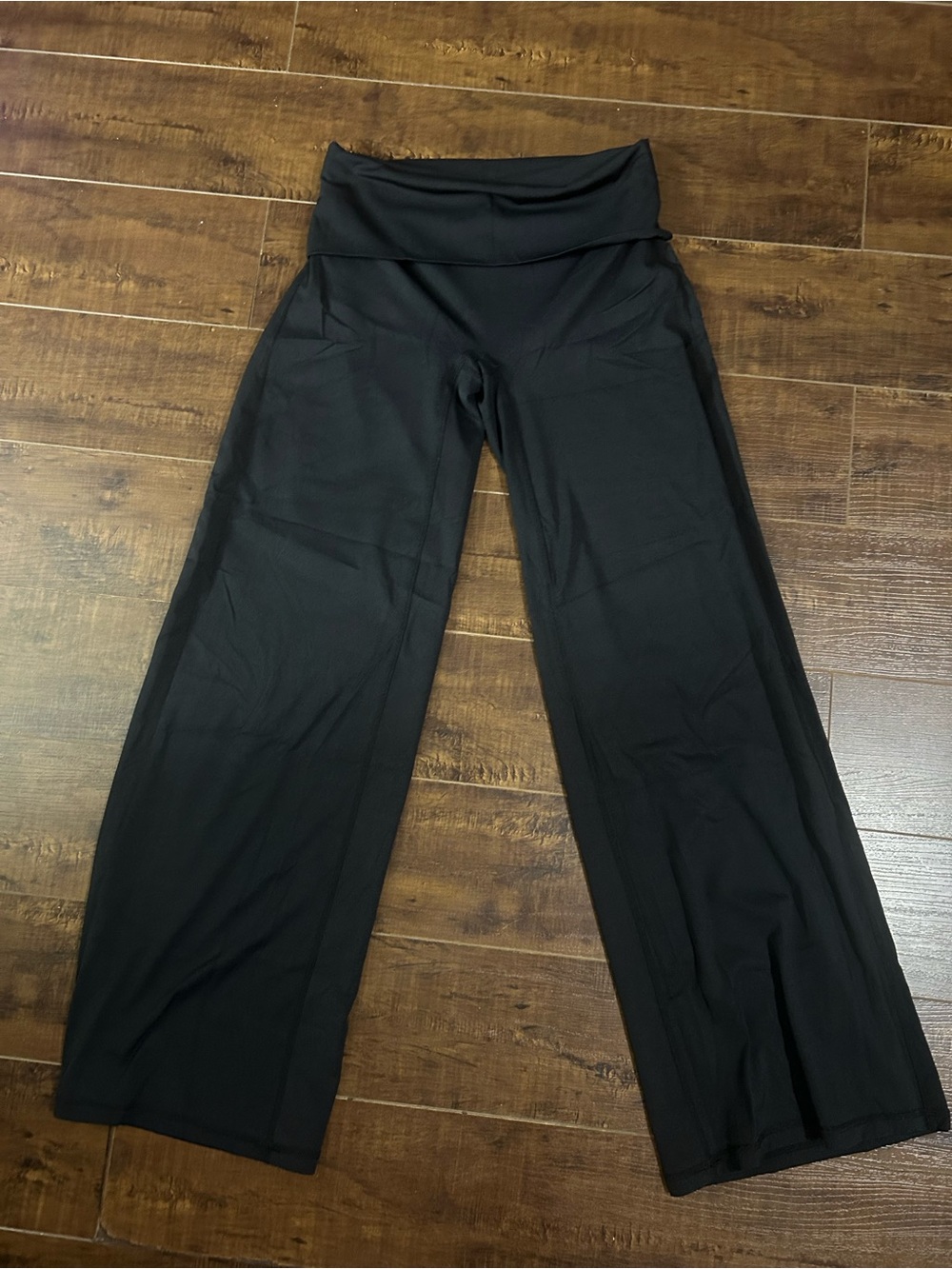 Fold-Over Waist Wide Leg Pants - Black